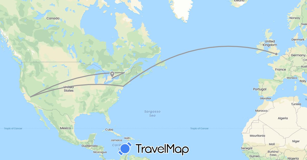 TravelMap itinerary: driving, plane in Canada, United Kingdom, United States (Europe, North America)